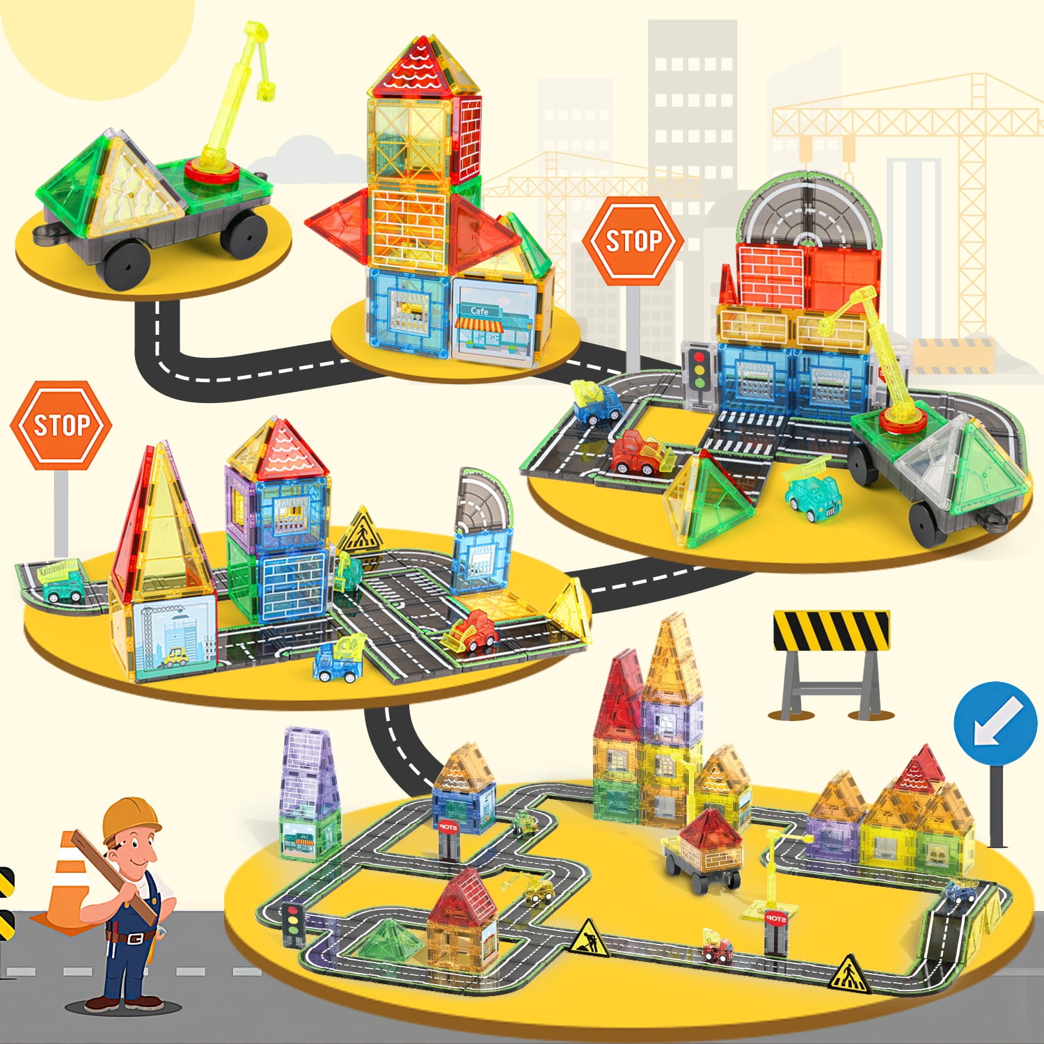 Freecat Magnetic Tiles 94PCS Large Size 75MM, Magnetic Building Blocks with Engineering Truck & Road Blocks, STEM Educational Toys for Kids Ages 3-6, Birthday Gifts for Boys Girls Toddlers.