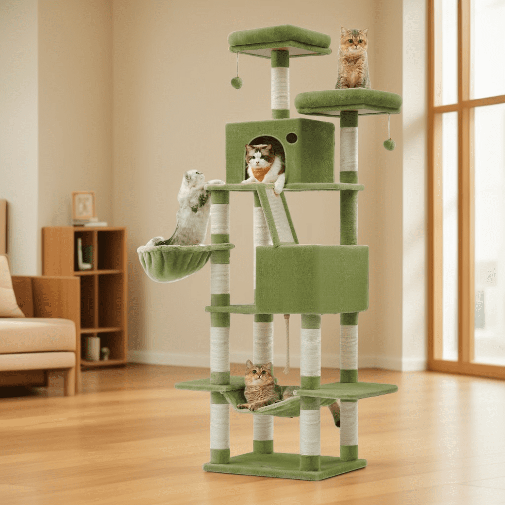 LEDREM 81.1-Inch Large Cat Tree Tower, Multi-Level Cat Condo with 13 Scratching Posts, 2 Perches, 2 Caves, Hammock & Basket, Green