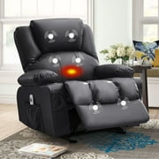 JONPONY Manual Recliner Chair with Heat Therapy and Massage Function, Heavy Duty Reclining Mechanism Massage Chair, Elderly Single Rocker Sofa with Cup Holders for Bedroom Home Theater,Black