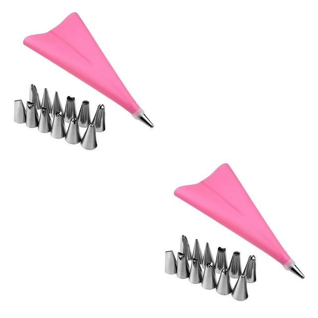 Decodeary 14 PCS/Set Silicone Pastry Bag Tips Kitchen DIY Icing Piping Cream Reusable 1 Pastry Bags +24 Nozzle Set Cake Decorating Tools pink 2Set
