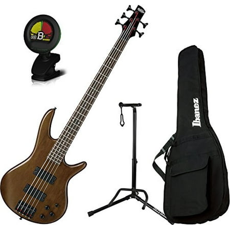 Ibanez GSR205BWNF 5 String Walunt Flat Finish Electric Bass with Gig Bag, Stand, and (Best 4 String Bass)