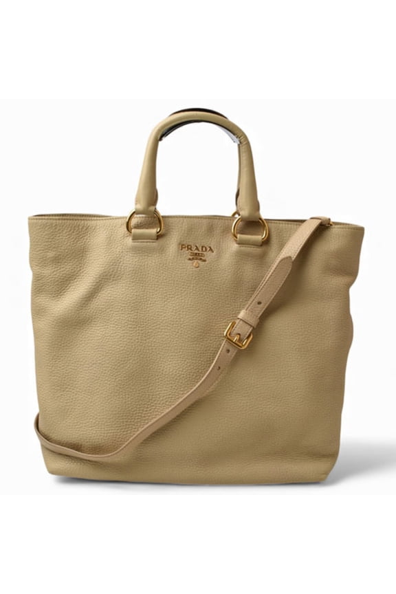 Pre-Owned Prada VIT DAINO 2-way tote/shoulder bag in beige deerskin with strap. (Good)