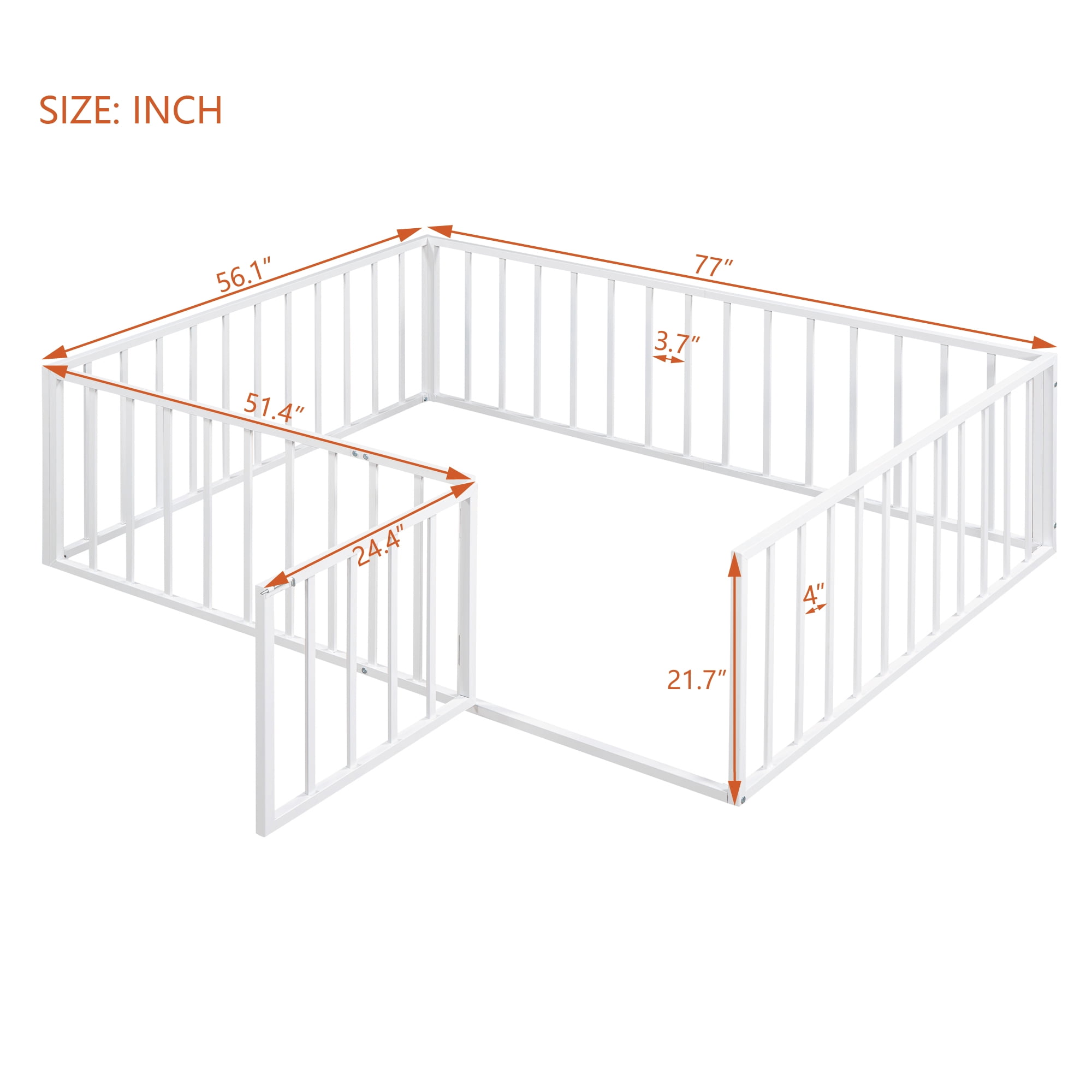 Aukfa Full Size Metal Bed Frame with with Fence and Door, Floor Bed for Kids Toddler, White