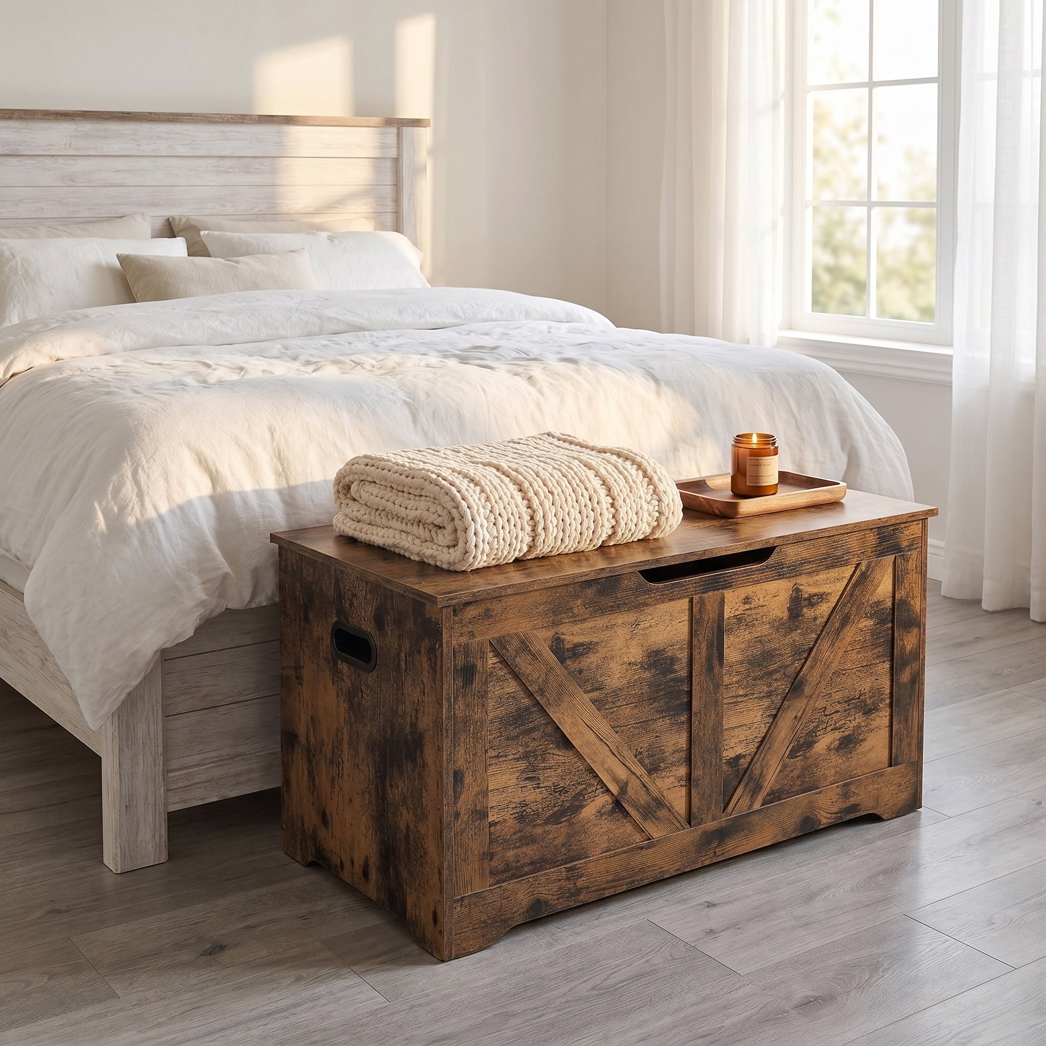 Nordic Hygge Rustic Brown Farmhouse Storage Chest with 2 Safety Hinges