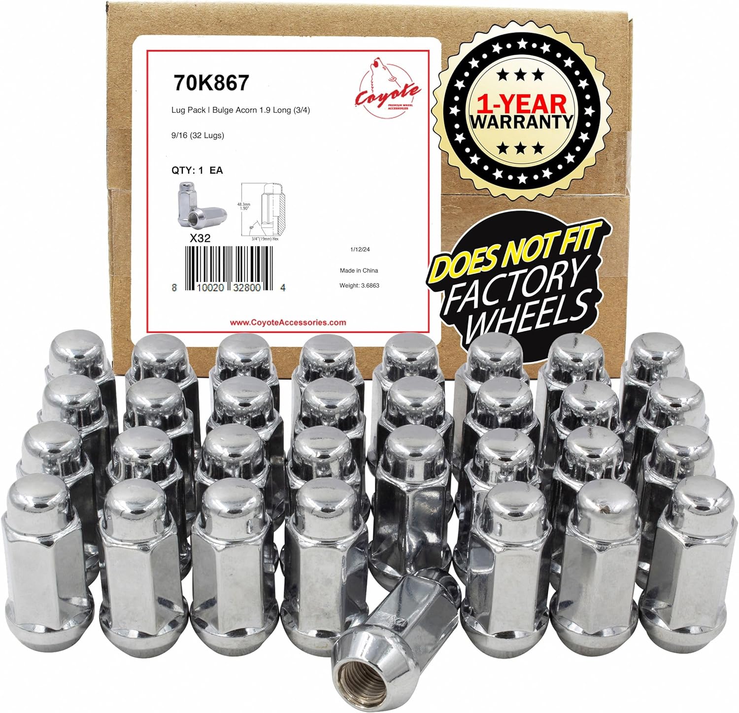 20-Pack 9/16-18 Chrome Bulge Acorn Lug Nuts - 1.77" Length - Fits Dodge Ram 1500, Durango, Raider
