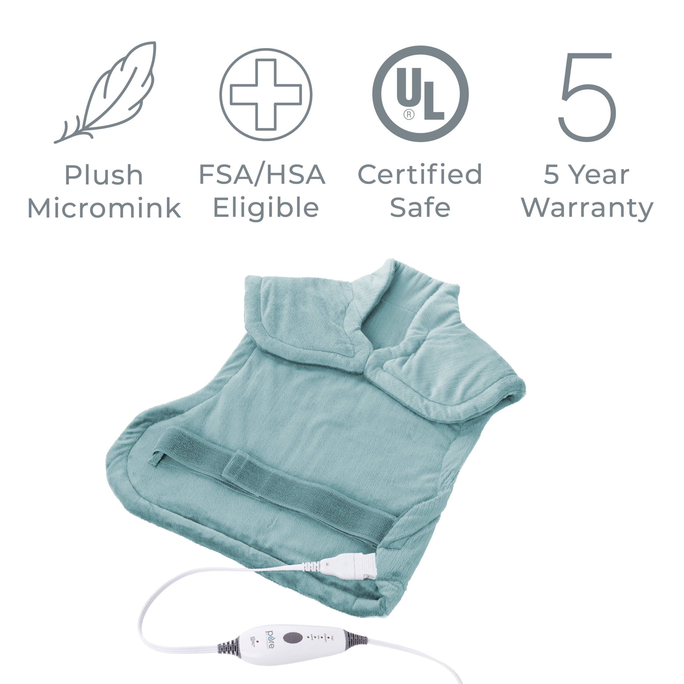 Pure Enrichment PureRelief XL Back & Neck Heating Pad- Safe Heat Therapy for Sore Muscles, & Pain in Neck, Back, & Shoulders - 4 Heat Settings w/ Auto Shut-Off, Soft Fabric (Sea Glass)