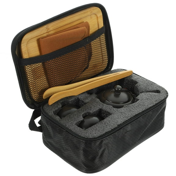 Raindrops Portable Travel Tea Set Porcelain Kung Fu Tea Ware with a Teapot & 2 Teacups & Tea Tray & Tea Cloth & Tea Tong & - Black