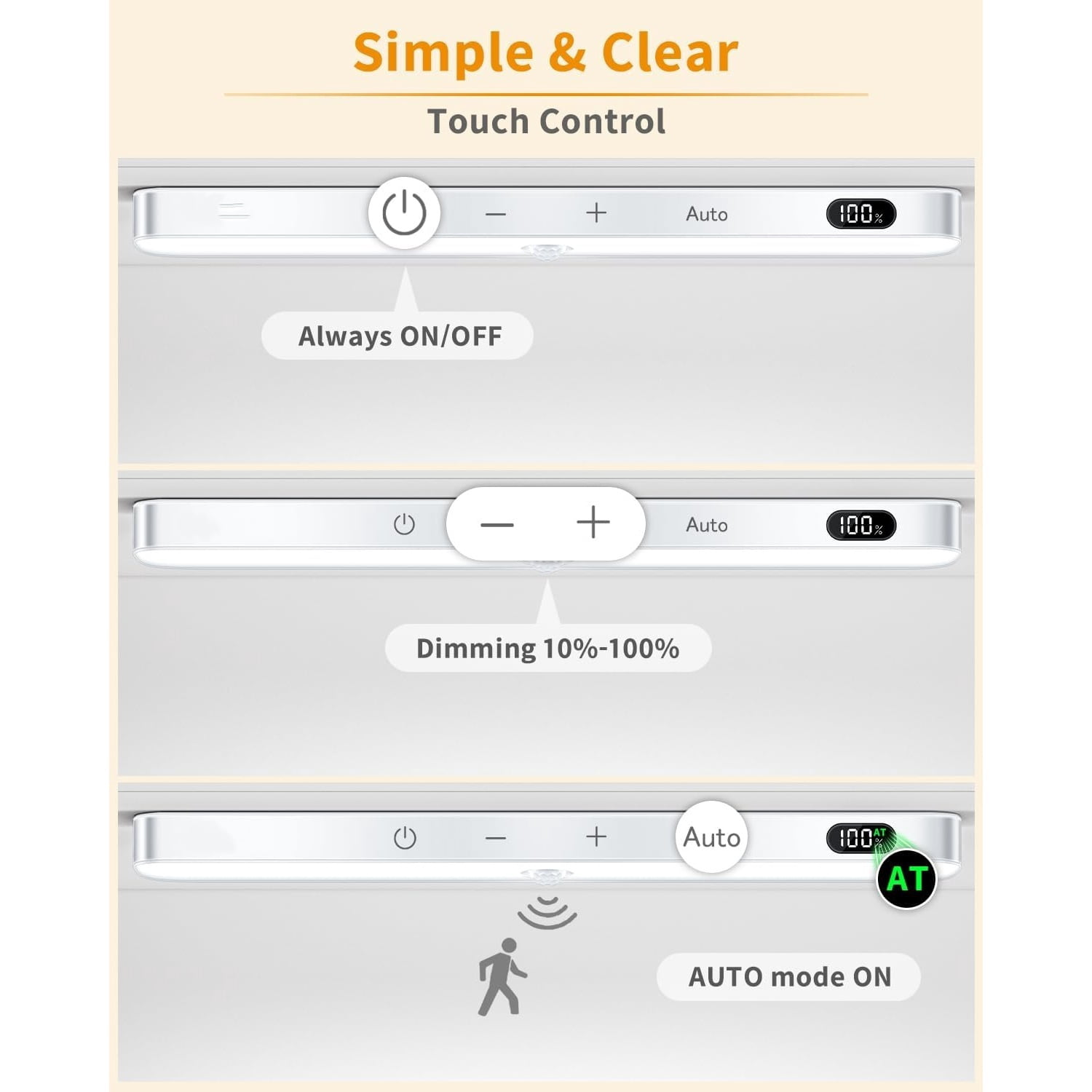 Motion Sensor Light Indoor, Battery Display, 60 LED Touch Light Bar, Under Cabinet Lights Rechargeable, Battery Operated Closet Light Wireless, Stick on Under Counter Lights for Kitchen(4 Pack)