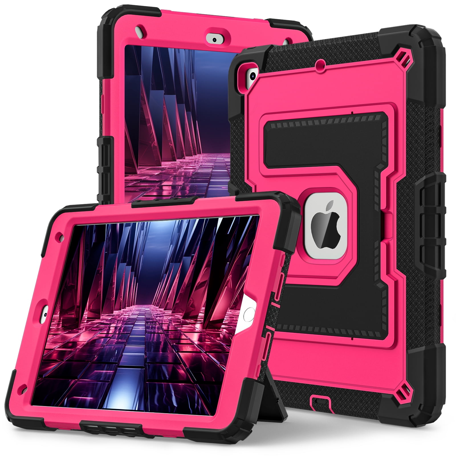 ELEHOLD 3-Layer Rugged Case For Apple iPad Mini 7th 6th Generation Heavy Duty Shockproof Cover, [Drop Protection], [Logo Visible], With Kickstand & Pencil Holder & Shoulder Strap, Black+Rose