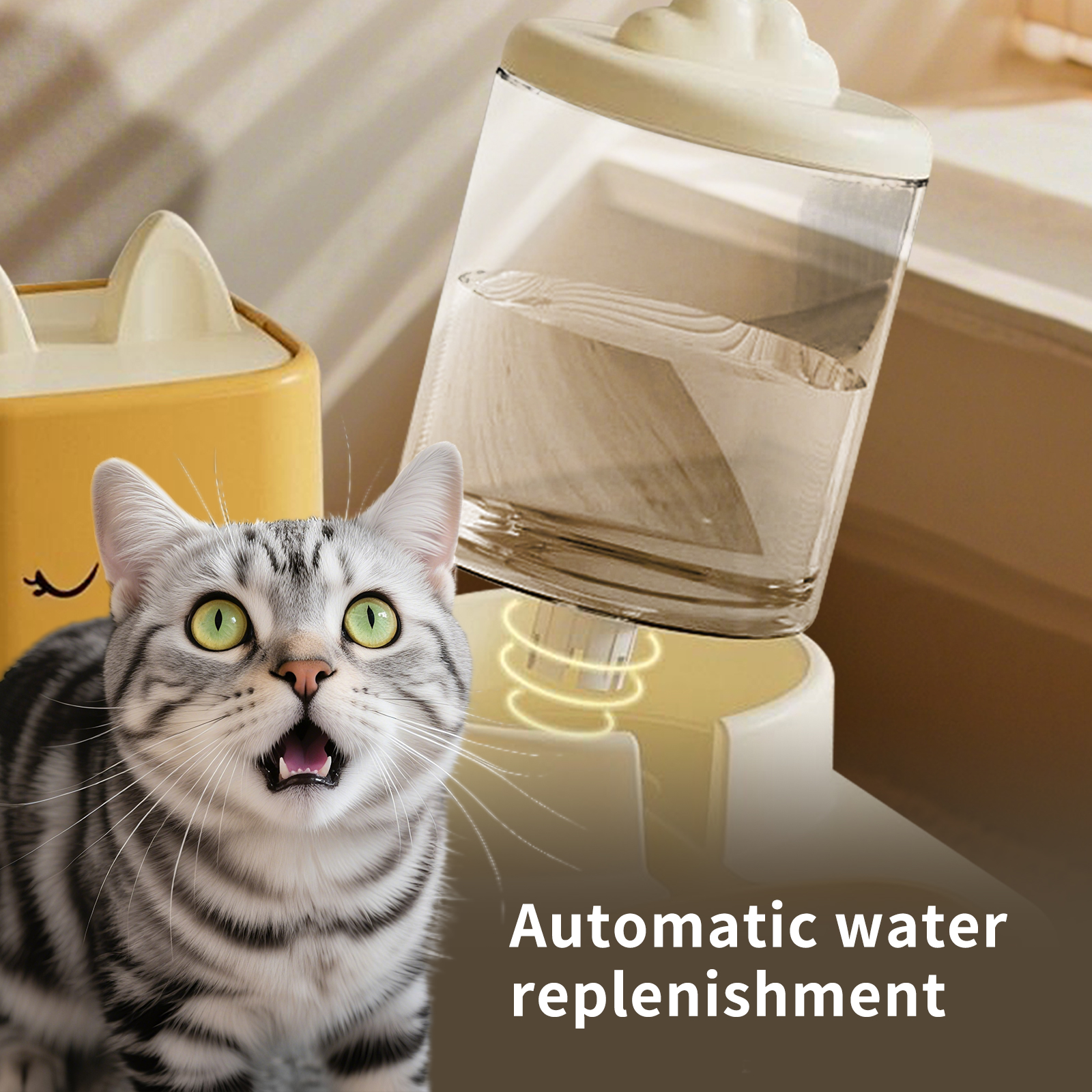 Automatic Cat Feeder and Water Dispenser, 2 in 1 Cat Food Bowl with Self-Refilling Water Bottle, Dry & Wet Separation, Non-Slip Feeding Station, Yellow