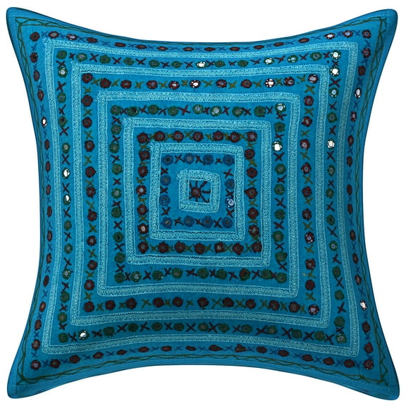 Stylo Culture Indian Couch Throw Pillow Cover Boho Embroidered 16 x 16 Mirrored Turquoise Bohemian 40cm x 40cm Bed Room Cotton Geometric Square Cushion Cover | 1 Pc