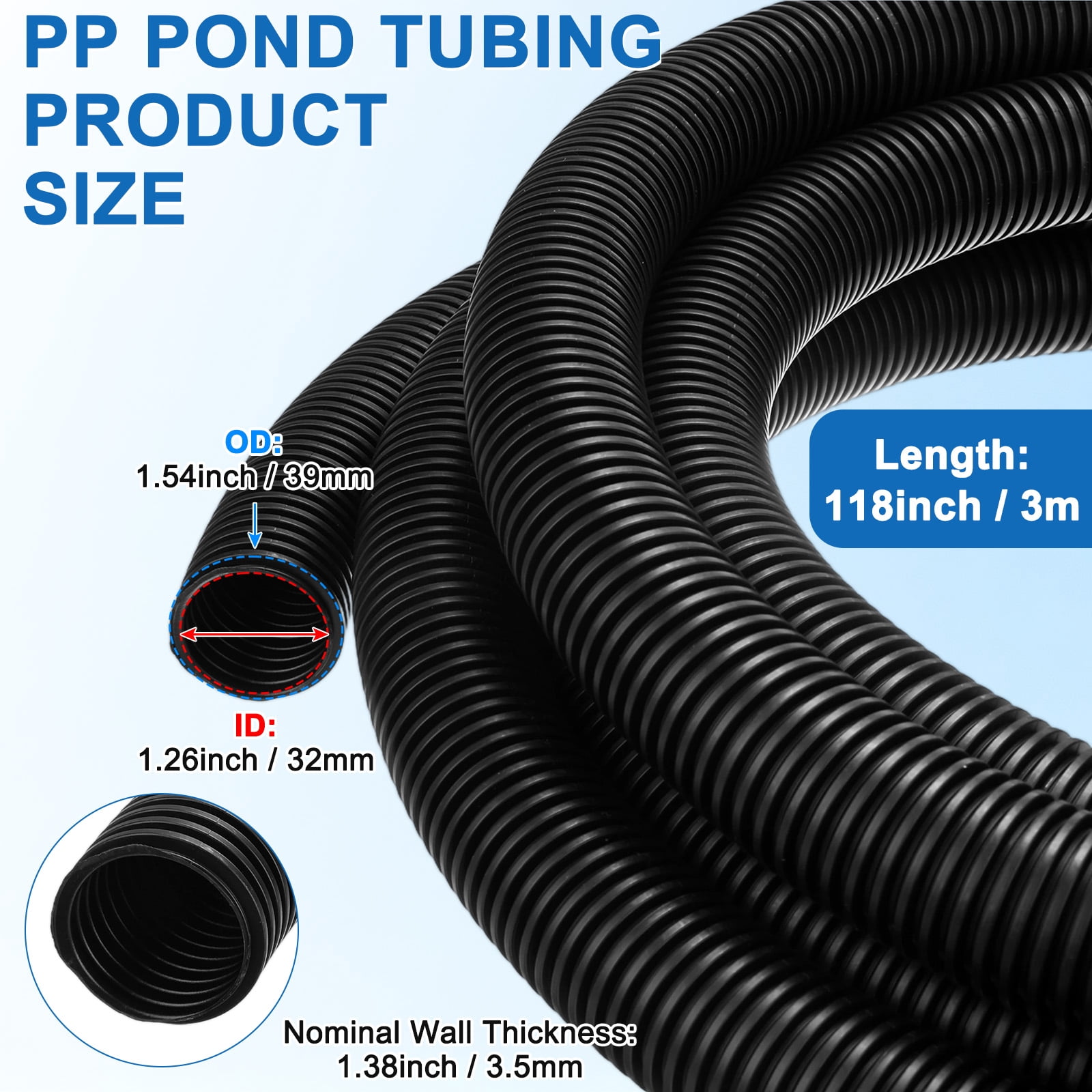 Uxcell 1 1/4" ID Pond Tubing, 10ft Corrugated Flexible Reinforced PP Hose Pipe Pump Tube for Garden Ponds/Waterfall Sump Pump Hose [Black]