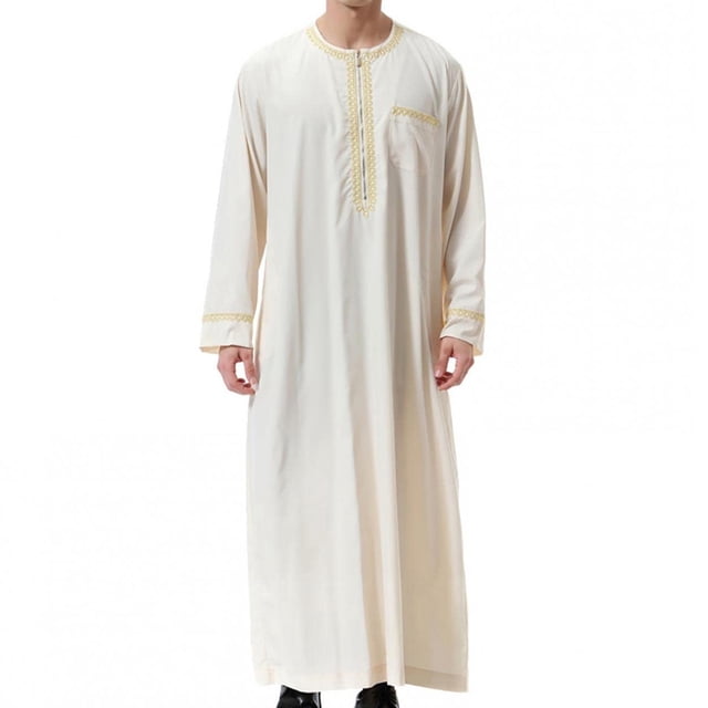 DPTALR Men's Muslim Robe Arab Middle Robe Long Style Long Sleeve Embroidered Standing Neck Pocket Long Shirt Casual Robe