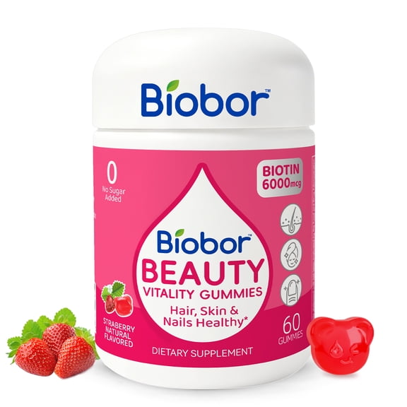 Biobor Sugar Free Beauty Gummies for Hair, Skin and Nails with Vitamins A C E and Biotin, Strawberry Flavor, 60 Count, 6.35 oz