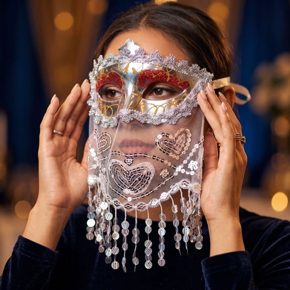 Masquerade Mask for Women Silver Masquerade Veil Mask 12 Inch Glitter Sequin Tassel Design Halloween Mask Mardi Gras Accessory for Prom Masquerade Party, 1 Piece