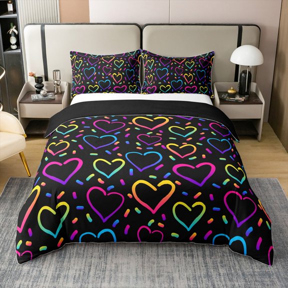 Hippie Love Heart Bedding Set Full Black Pink Blue Comforter Cover, Rainbow Polka Dots Bed Set Kawaii Cute Hearts Duvet Cover, Girly Glowing Neon Heart Quilt Cover Cozy Soft (Zipper Closure)