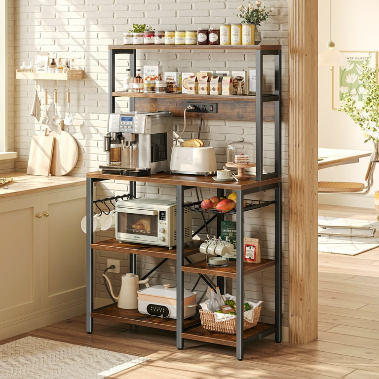 SUPERJARE Wide Large Bakers Rack 5 Tiers Microwave Stand with Power Outlet Kitchen Coffee Bar Table with S Shaped Hooks Storage Rack Shelf in