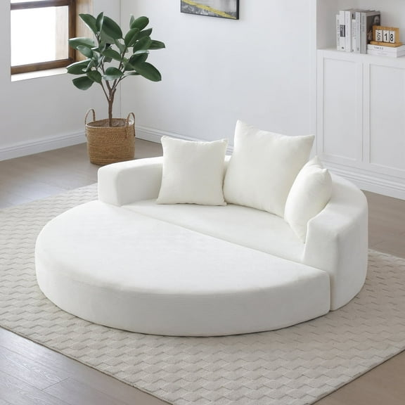 Convertible Loveseat Sofa Bed, Round Sofa Bed, Foldable Futon Sofa, Boneless Sofa Couch, Corduroy Floor Lounge Sofa Bed Compressed Sofa Couch for Living Room, No Assembly Required, White