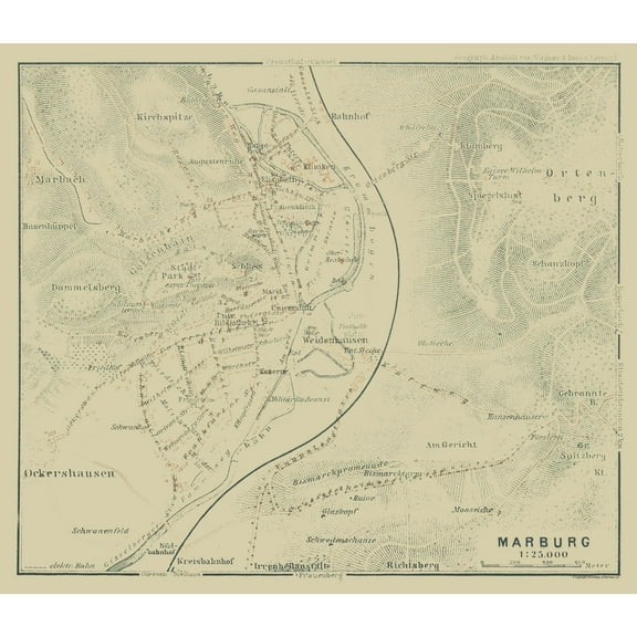 Historic Map - Marburg Germany - Baedeker 1914 - 26.61 x 23 - Vintage Wall Art