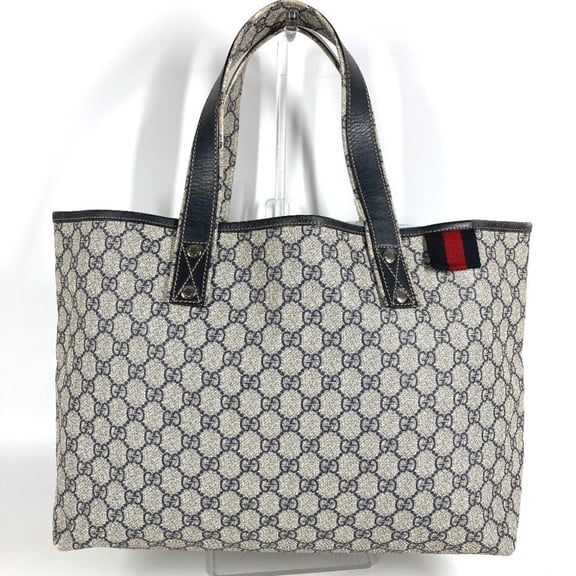 Pre-Owned GUCCI 211134 GG Supreme Sherry Line Logo Shoulder Tote Bag in Canvas, Navy Blue for...