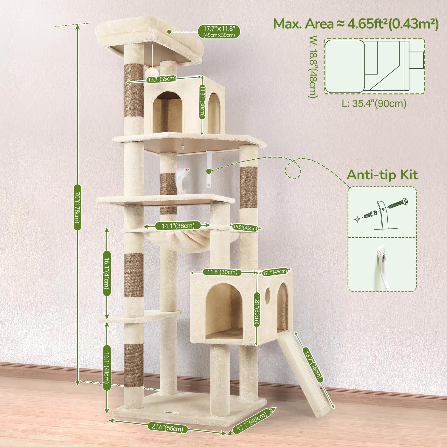F70 Pro Cat Tree - 70" Tall, Removable Perch, Sisal Scratching Posts, Light Grey Heavy Duty Cat Tower for Large Cats