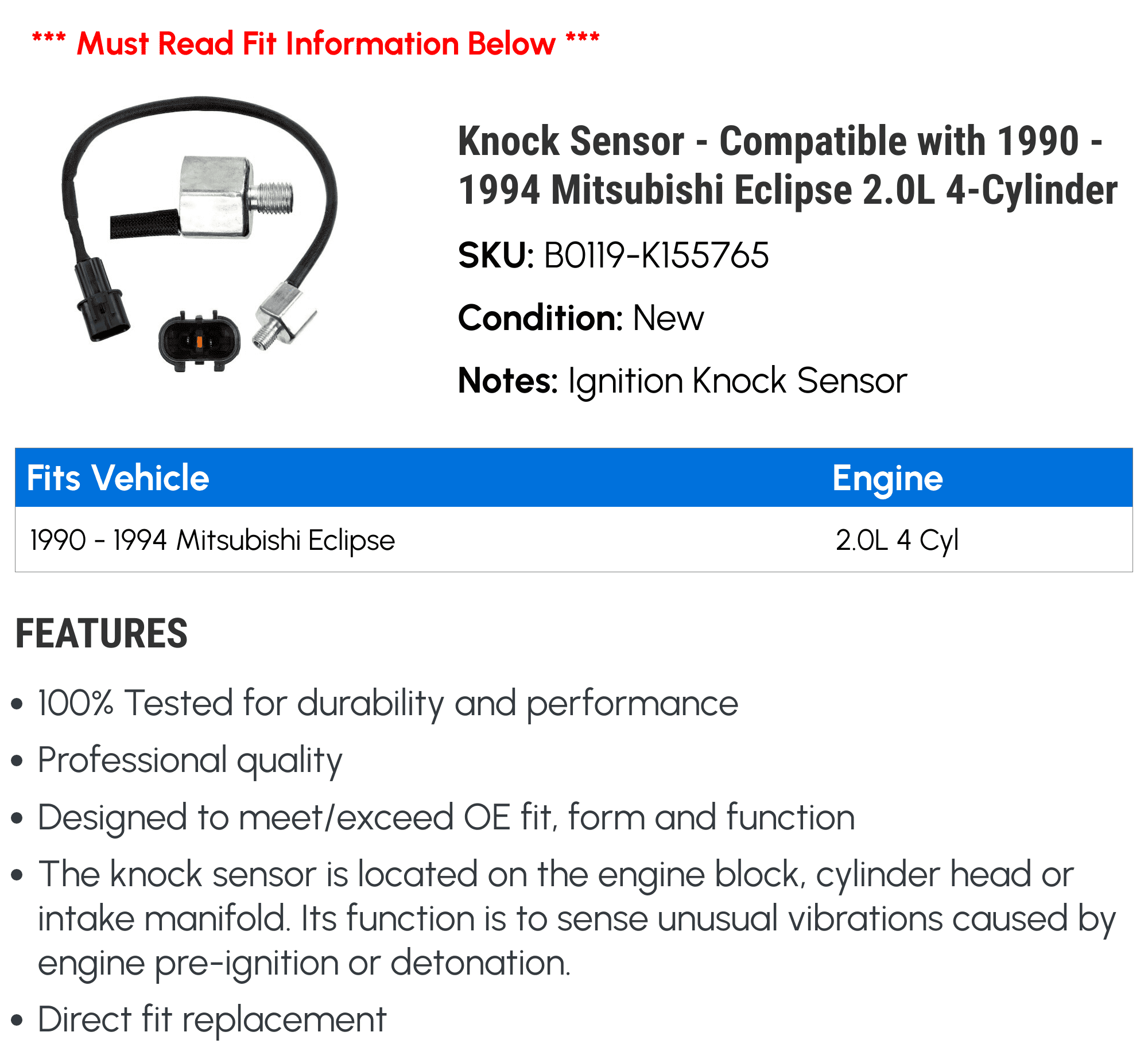 Knock Sensor - Compatible with 1990 - 1994 Mitsubishi Eclipse 2.0L 4-Cylinder 1991 1992 1993