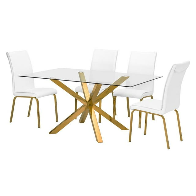63 "x 39" Rectangulaire Verre Clair 5pc Salle à Manger Ensemble avec l'Acier Inoxydable d'Or