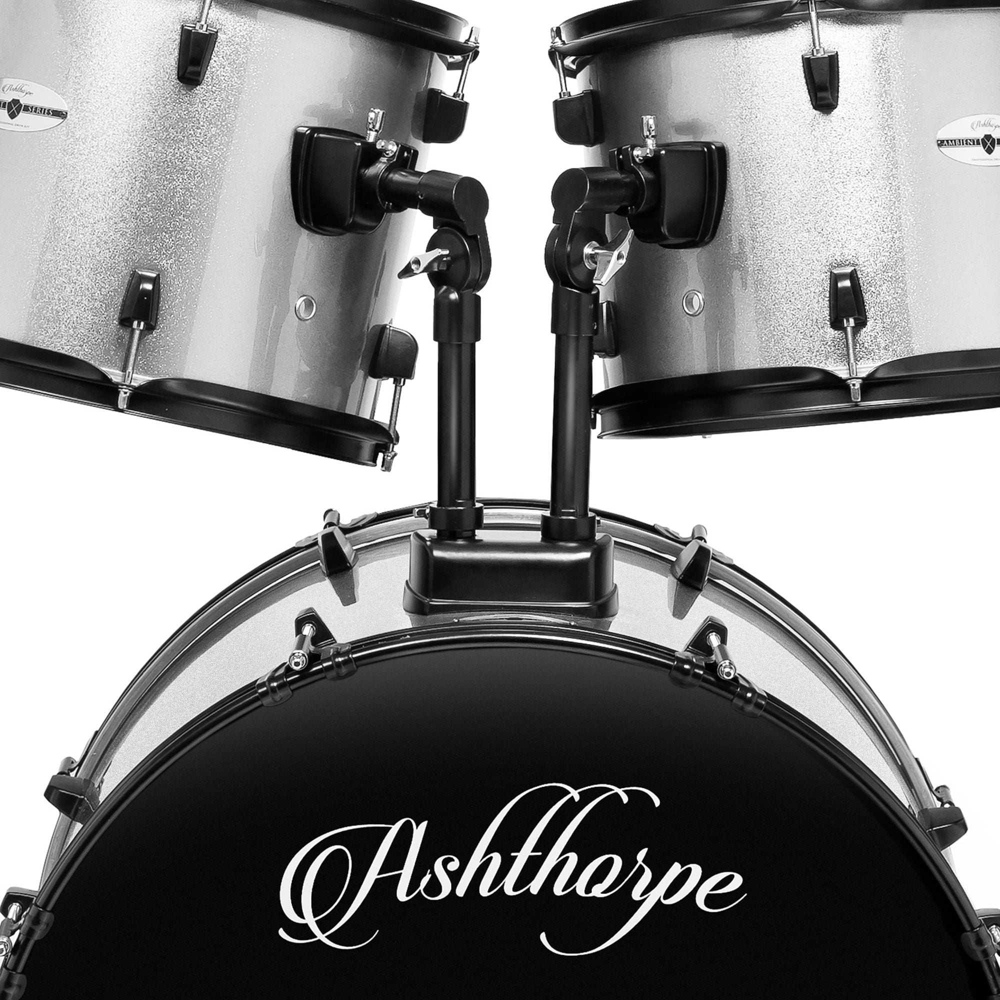 Ashthorpe 5-Piece Complete Full Size Adult Drum Set with Remo Batter Drumheads - Silver