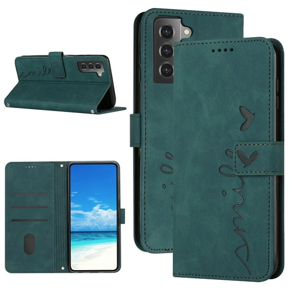 TECH CIRCLE Fit for Samsung Galaxy S21 Wallet Case,Shockproof Embossed Pattern Premium PU Leather Magnetic Clasp Card Slots Purse Flip Stand Phone Case with Wrist Strap,Green