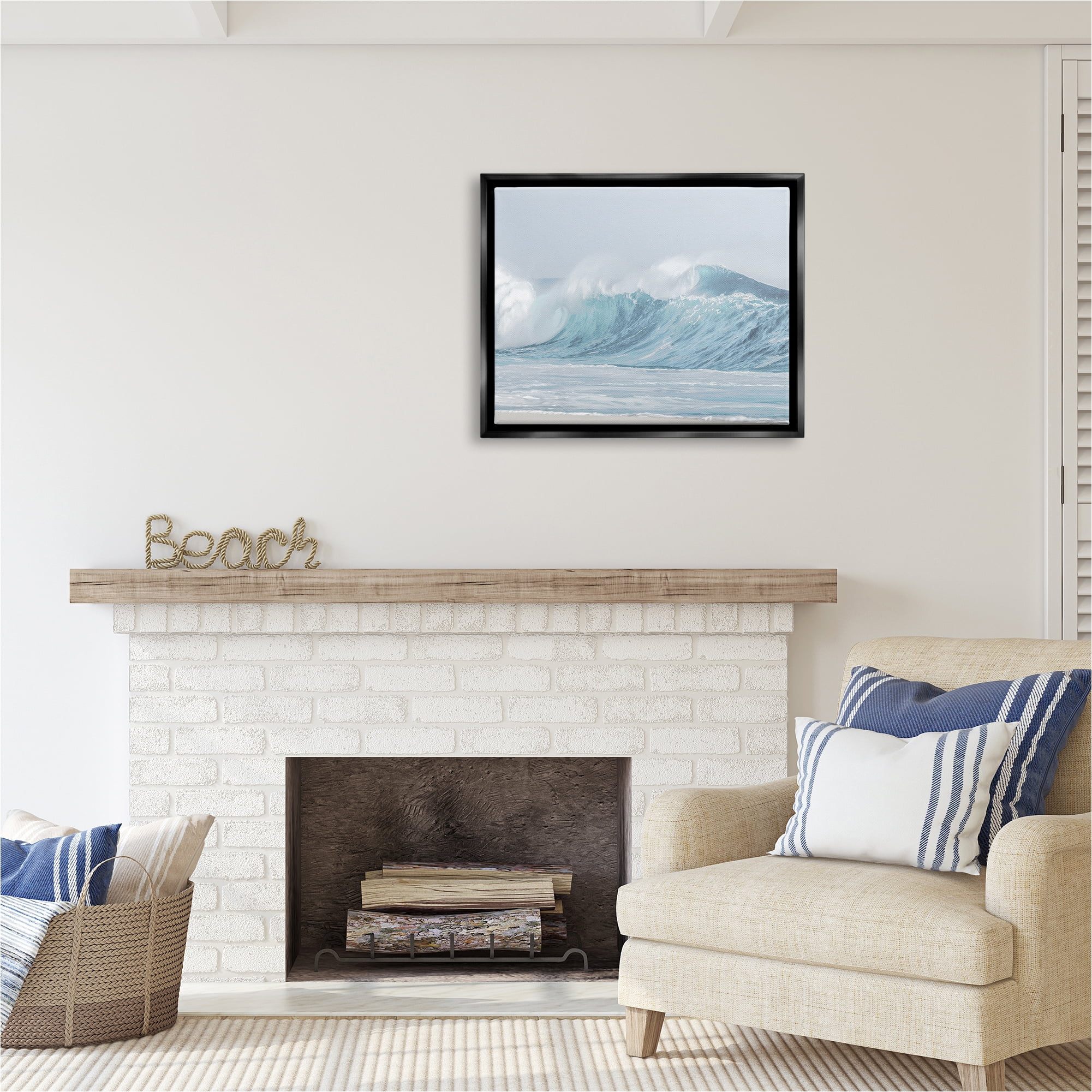 Stupell Industries Ocean Tsunami Waves Landscape Photography Black Floater Framed Canvas Art Print Wall Art, 31 x 25