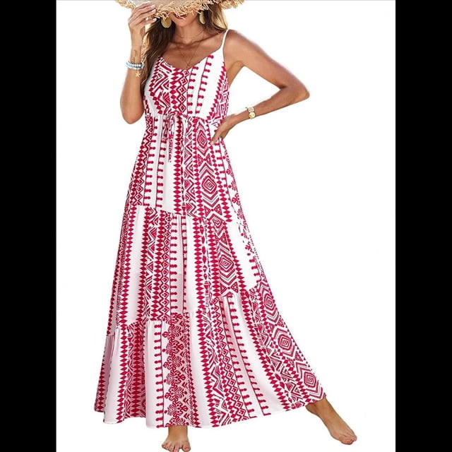 Vestido de Verano Informal Bohemio para Mujer, Sin Mangas, Estampado, , Escalonado, para Playa, 2025 Rojo XL