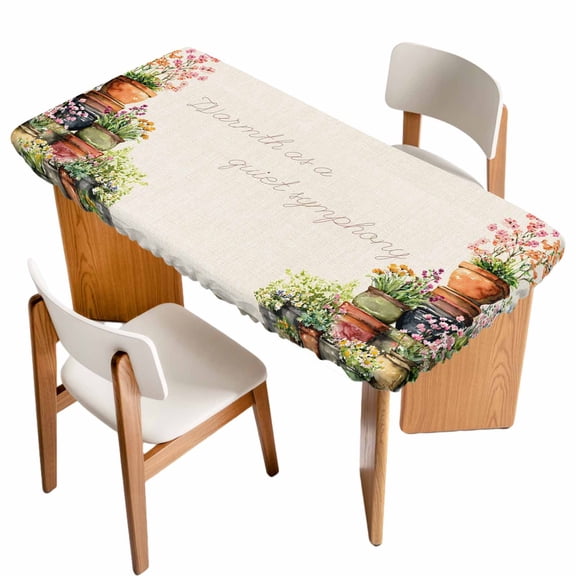 Spring Flowers Table Cloths for 6 Foot Rectangle Tables, Botanical Blossom Floral Pot Plants Patio Waterproof Elastic Fitted Tablecloths, Washable Rectangular Table Cover for Camping