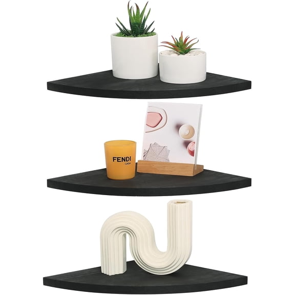 Corner Wall Shelf Set of 3, Floating Corner Shelves, Rustic Wood Wall Storage Display Shelves for Living Room Bedroom Bathroom Kitchen (Round Edge-Black)