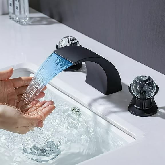 LED Widespread Bathroom Faucet - Waterfall Lavatory Mixer Tap, 2 Crystal Knobs, 3-Hole 8-Inch Deck Mount, Polished Chrome/Brushed Nickel/Oil Rubbed Bronze, Brass Tall Faucet Contemporary,