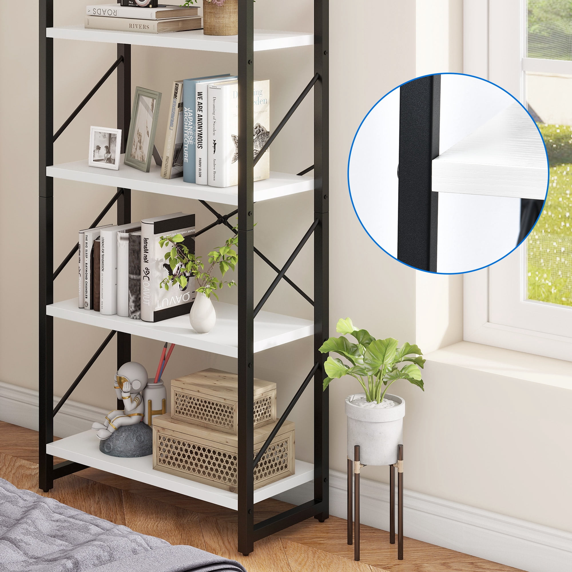 Dextrus 3-Tier Bookshelf, Ladder Bookcase, Industrial Freestanding Book Shelf Modern Open Display Storage Organizer Book Shelves for Bedroom, Living Room and Home Office, Black and White