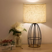 Farmhouse Table Lamp Cage Style Black Chrome Metal Base with Linen Fabric Shade