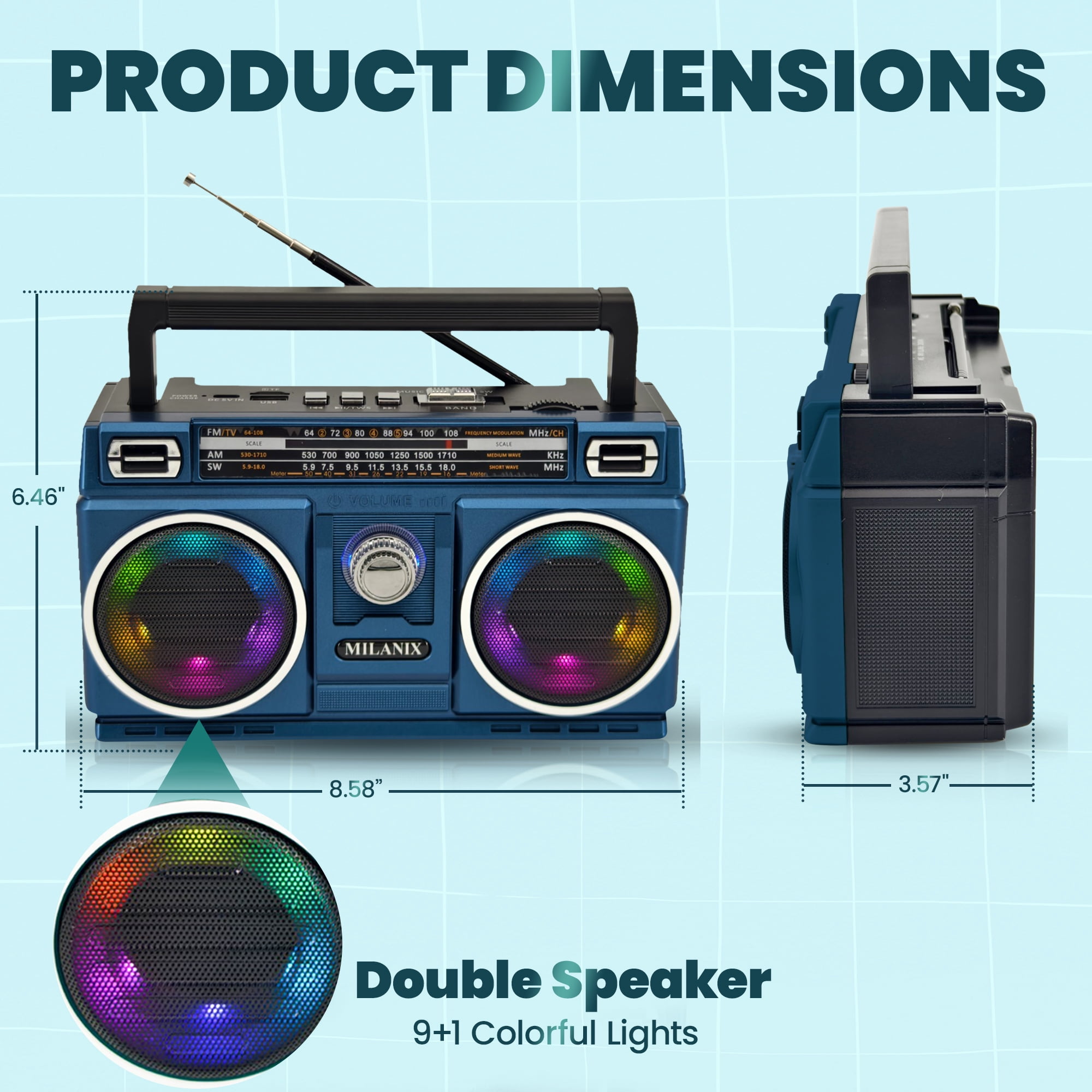 Small AM/FM Radio Portable Rechargeable Battery Operated with Bluetooth, USB, Best Reception, Longest Range, Tuning, Lights, Transistor, Indoor and Outdoor, Emergency Use (Midnight)