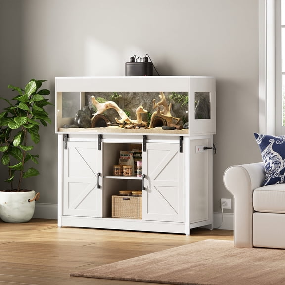 Herture 60 Gallon Reptile Terrarium with Stand, Terrarium Enclosure with Acrylic Doors, Storage Cabinet with Barn Door, Mesh Lid & Power Outlet ?Vivarium Habitat for Medium Reptiles White PX05RTW