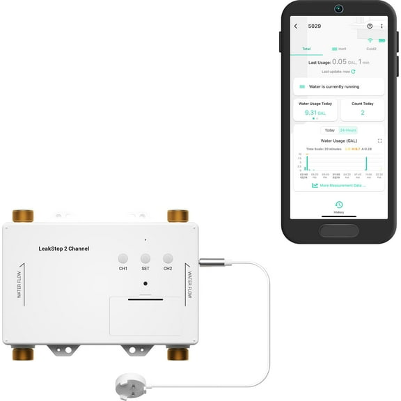 YoLink LeakStop 2 Channel Leak Detector, Stops Running Water in Home, Office, or Apartment Sinks & Washing Machine, Auto Shutoff Valve, Prevents Water Waste, Real-Time Monitoring, Hub Required