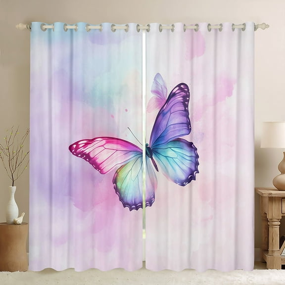 Manfei Dreamy Butterfly Child Black Out Curtains, Pink Watercolor Art Curtains Pack of 2 (42x63 Each), Romantic Anniversary Bedroom Curtains, Window Curtains Bedroom Decor