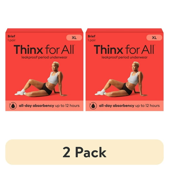 (2 pack) Thinx for All Women's Comfort Brief Leakproof Period Underwear, Size Extra Large, Black