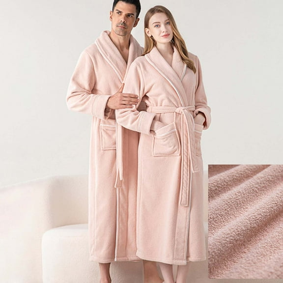 Long Sleeve Robes for Men Women Plush Fleece Collared Bathrobes with Pockets and Belt Couples Casual Solid Thermal Warm Loungewear Bath Robe Pajamas