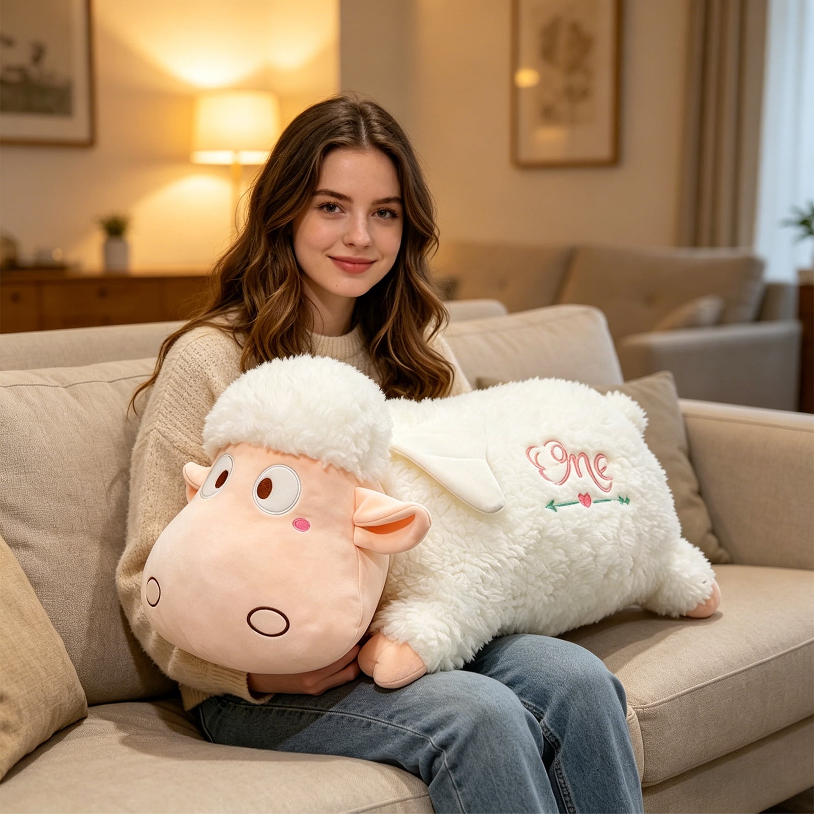 Weighted Sheep Stuffed Animal Plushie, 39.4-inch Soft Lamb Plush Cushion Sheep Shaped Comfort Companion Ornament, Fluffy Stuffed Pillow for Relaxation and Holiday Gifting