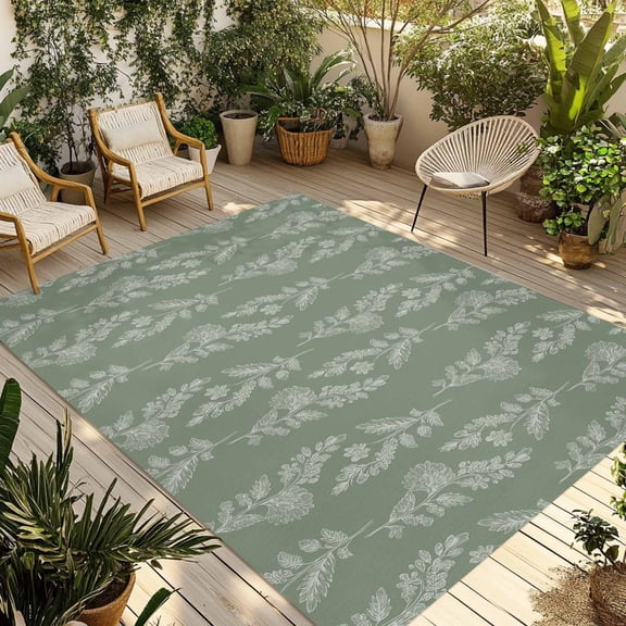 Dark Green Botanical Outdoor Rug for Patio/Deck/Porch, Non-Slip Large Area Rug 6 x 9 Ft, Pastoral Elegant Spring Floral Indoor Outdoor Rugs Washable Area Rugs, Reversible Camping Rug Carpet Runner