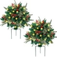 thumbnail image 2 of pathside 2 Pcs Urne de Noël Artificielle Lumineuse Extérieure, Arbres de Pin de Noël Pré-Éclairés avec Pommes de Pin, Baies Dorées et Rouges et Lumières LED Alimentées par Batterie Décoration de Jardin, 2 of 4