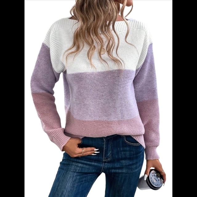 Suéter Informal de Cuello Redondo, Acanalado, de Punto con Bloques de Color, Hombros Caídos y Larga para Mujer, Otoño e Invierno. Púrpura L