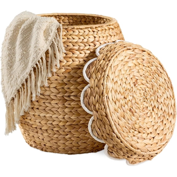 Scalloped Multipurpose Hyacinth Storage Basket, Plant DΓ©cor, Handwoven Organizer Tote for Bedroom, Living Room, Nursey, w/Lid - Natural with White Trim