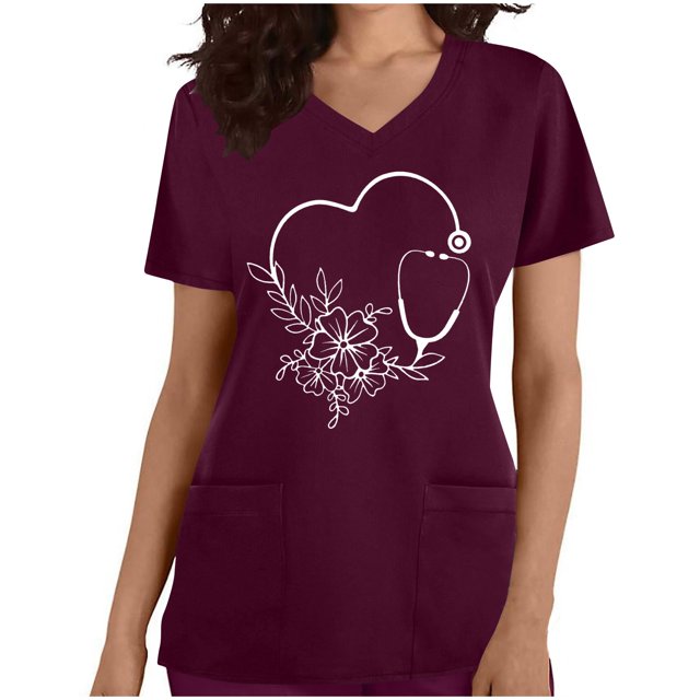 Blouse Médicale à Col en V pour Femmes, Extensible, Résistante aux Plis, avec 2 Poches, Confortable, Légère, Manches Courtes, Bourgogne