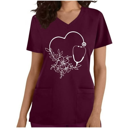 

LWZWM Women s Cute Funny Printed Scrub Top Short Sleeve Workwear Womens Working Uniform Jogger Scrubs Shirts with Pocket V Neck T Shirt Nurse s Day Tops Wine L
