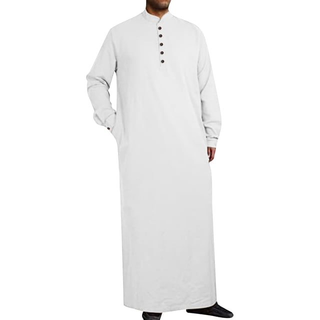 Men's Middle Arabic Style Long Sleeve Shirt Robe for Men with Button Front Side Slits Pocket Traditional Long Robe Alternative